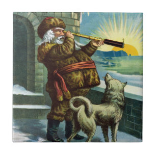 Carreau En Céramique Père Noël de Noël vintage Chien télescope Coucher 
