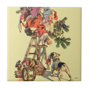 Carreau En Céramique Père Noël vers le haut d'une échelle
