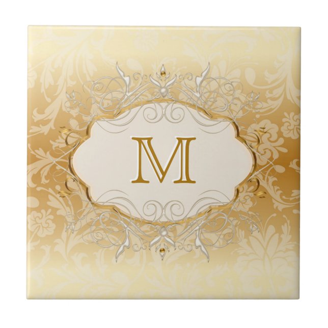 Carreau En Céramique Perle d'ivoire et monogramme d'or (Devant)
