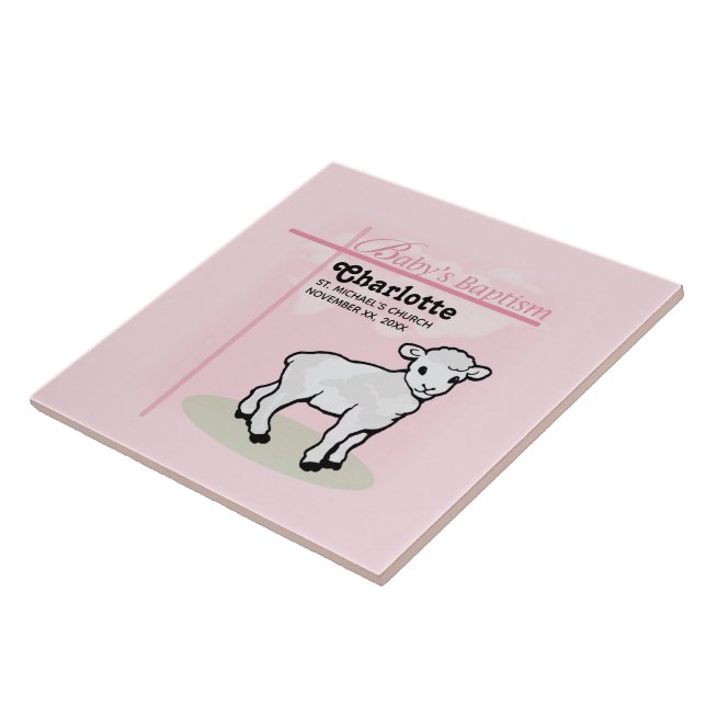 Carreau En Céramique Personnalisable, Baptême, Rose, Fille, Agneau (Côté)
