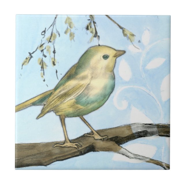 Carreau En Céramique Petit oiseau jaune perché sur une branche Recherch (Devant)
