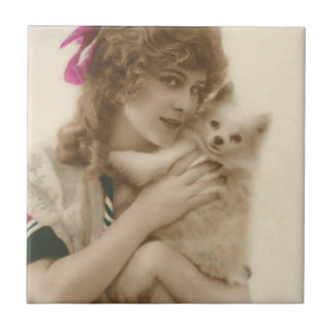 Carreau En Céramique Photo antique Victorian Woman and Dog