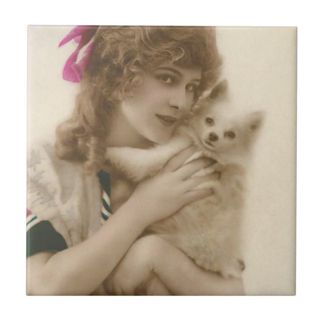 Carreau En Céramique Photo antique Victorian Woman and Dog (Devant)
