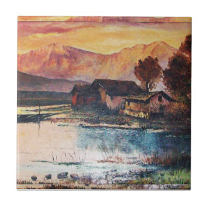 CARREAU EN CÉRAMIQUE PINK MOUNTAINS LAC ALPINE SUNSET PAYSAGE