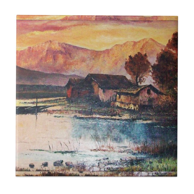 CARREAU EN CÉRAMIQUE PINK MOUNTAINS LAC ALPINE SUNSET PAYSAGE (Devant)