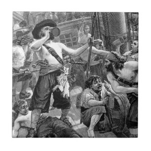 Carreau En Céramique Pirates vintages Lutte et boisson sur le navire
