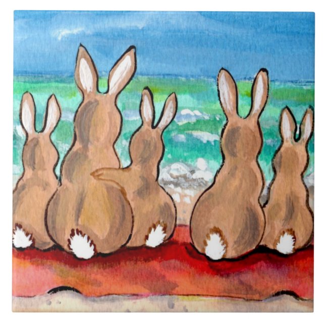 Carreau En Céramique Plage Bunnies Famille sur Blanche 6" Tile Trivet (Devant)