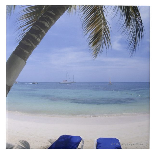 Carreau En Céramique Plage, chaise longue, palmier, horizon plus de (Devant)