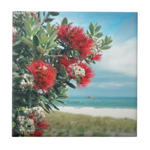 Carreau En Céramique Plage paradisiaque de fleurs rouges Nouvelle-Zélan