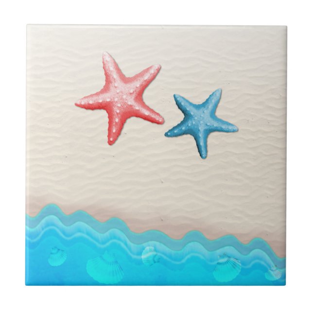 Carreau En Céramique Plage sablonneuse et étoiles de mer (Devant)