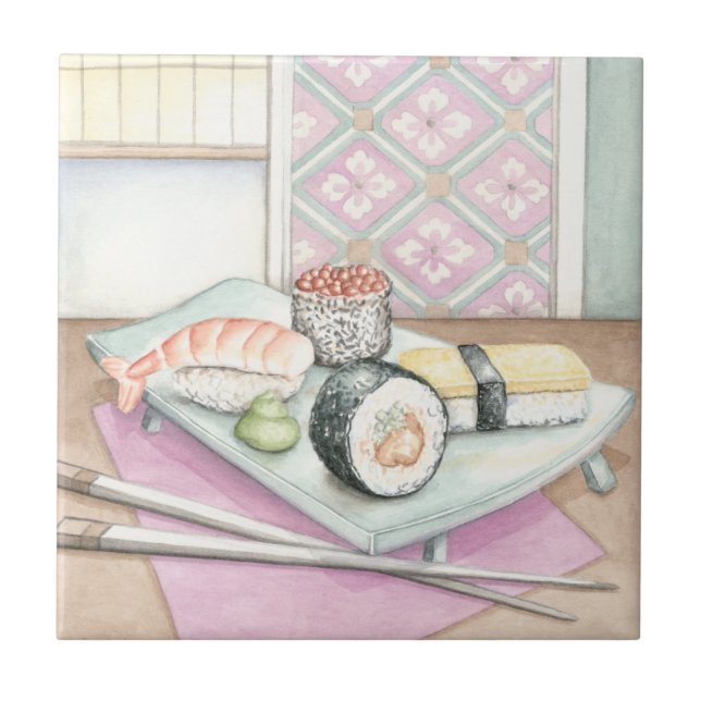 Carreau En Céramique Plaque de sushi assorté avec baguettes (Devant)