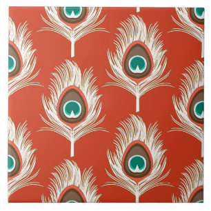 Carreau En Céramique Plumes de paon, blanches sur la mandarine