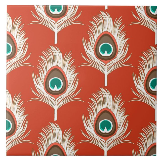Carreau En Céramique Plumes de paon, blanches sur la mandarine (Devant)