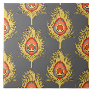 Carreau En Céramique Plumes de paon, jaune moutarde sur gris / gris