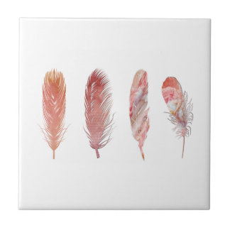 Carreau En Céramique Plumes en rose et corail sur fond blanc