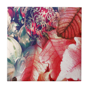 Carreau En Céramique Poinsettia et vintage ornements de Noël numérique