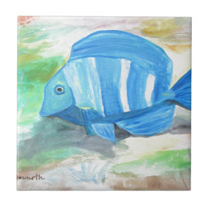 Carreau En Céramique Poisson bleu tropical Aquarelle Océan