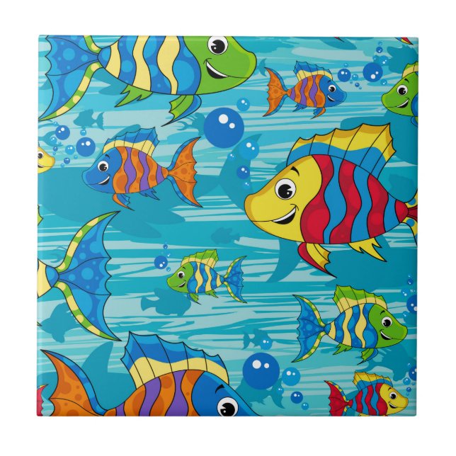 Carreau En Céramique Poissons tropicaux de bande dessinée mignonne (Devant)