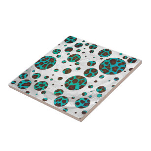 Carreau En Céramique Polka Dot Cow Impression Brown et Turquoise