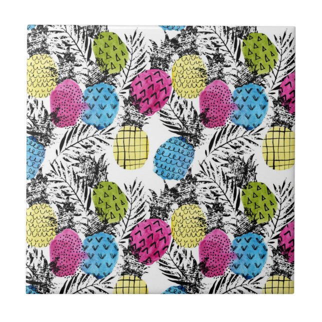 Carreau En Céramique Pop Art Pineappy Et Palm Feuilles (Devant)