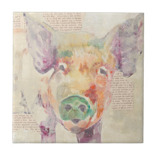 Carreau En Céramique Porc de collage de ferme d'aquarelle