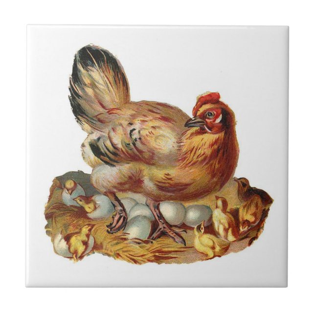 Carreau En Céramique Poule de mère et tuile de poussins (Devant)