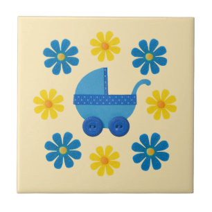 Carreau En Céramique Poupée bébé bleu printemps, jaune, fleurs bleues