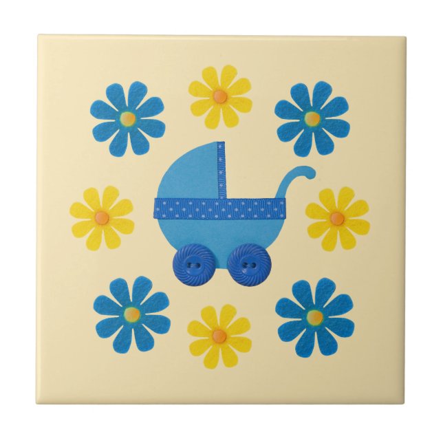 Carreau En Céramique Poupée bébé bleu printemps, jaune, fleurs bleues (Devant)