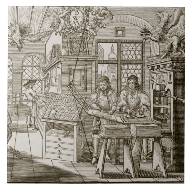 Carreau En Céramique Presse typographique allemande médiévale (gravure) (Devant)