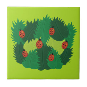 Carreau En Céramique Printemps vert de feuille et de coccinelles