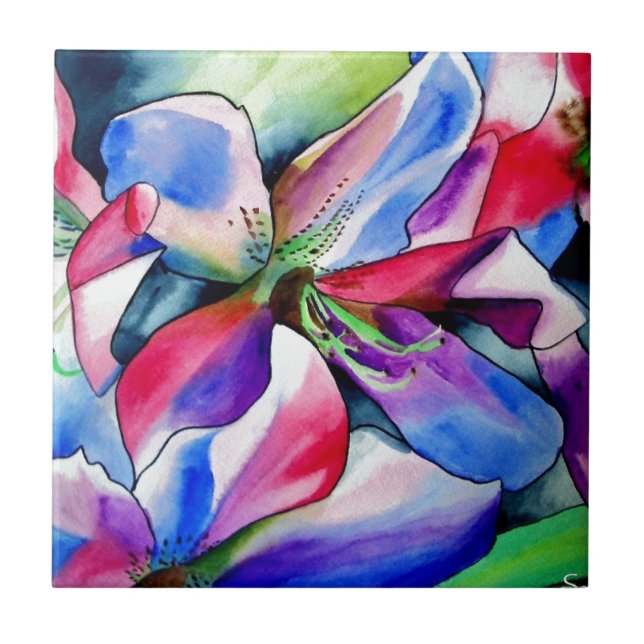Carreau En Céramique Rainbow Azalea fleur aquarelle originale (Devant)