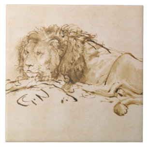 Carreau En Céramique Repos de lion (à l'encre sur le papier)
