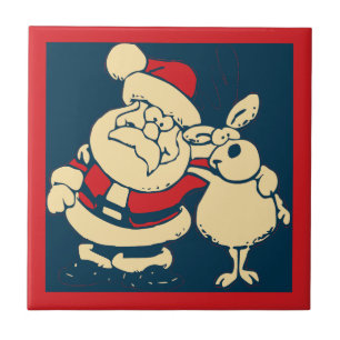 Carreau En Céramique Retro Christmas Père Noël et son Reindeer Buddy