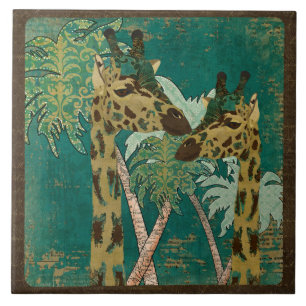Carreau En Céramique Rétro tuile de girafes bleues tropicales de