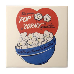 Carreau En Céramique Retro Valentines Day, Popcorn Pop a Corny Question