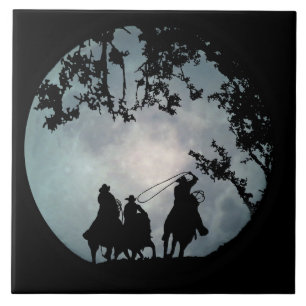 Carreau En Céramique Roping Cowboys et Pleine lune Art Tile