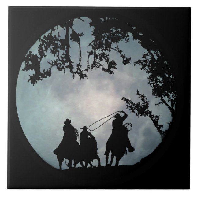 Carreau En Céramique Roping Cowboys et Pleine lune Art Tile (Devant)