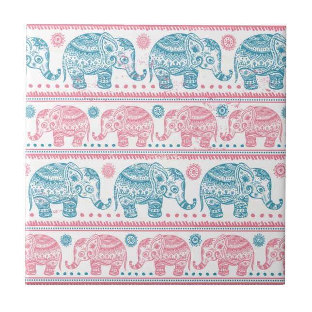 Carreau En Céramique Rose et motif ethnique turquoise d'éléphant (Devant)