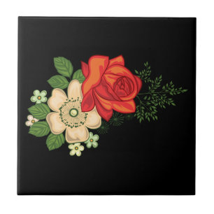 Carreau En Céramique Rose rouge et marguerites sur fond noir