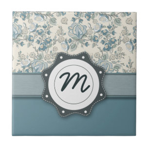 Carreau En Céramique Roses bleus et crèmes avec le monogramme