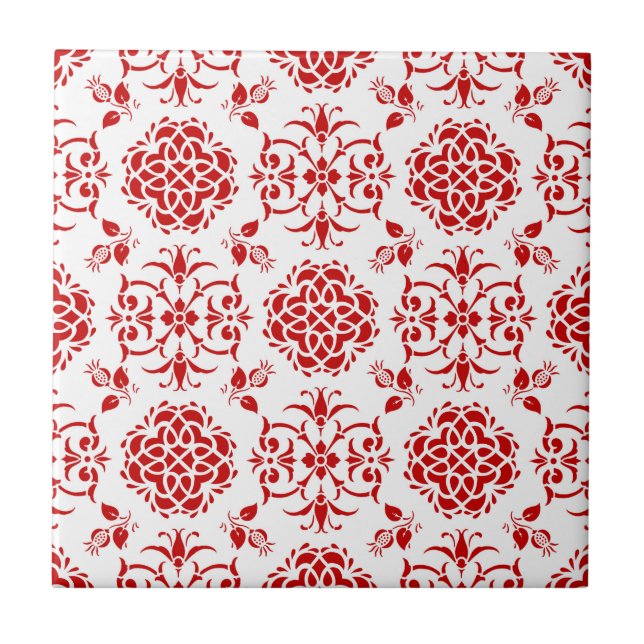 Carreau En Céramique Rouge et blanc Floral Damask Style Motif (Devant)