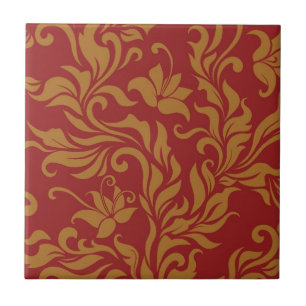 Carreau En Céramique Rouge et motif floral d'or