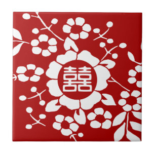 Carreau En Céramique Rouge ・ Fleurs coupées en papier ・ Double Bonheur