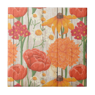 Carreau En Céramique Rouge Orange Jaune Floral Blanc Marguerites Bois R