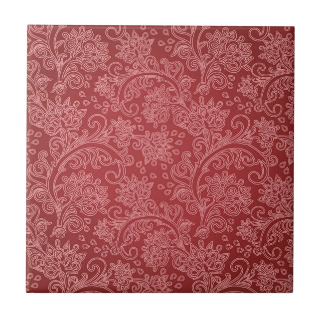 Carreau En Céramique Rouge Paisley Damask Designer Floral Classic (Devant)