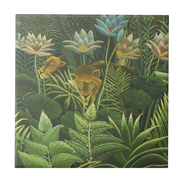 Carreau En Céramique Rousseau Tropical Jungle Lion Peinture (Devant)