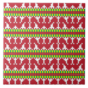 Carreau En Céramique Rucava Art populaire rouge et blanc motif géométri