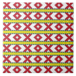 Carreau En Céramique Rucava Rouge, jaune art folklorique motif géométri