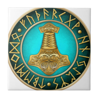 Carreau En Céramique Runes - marteau de Thors - Teal