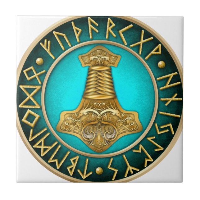 Carreau En Céramique Runes - marteau de Thors - Teal (Devant)